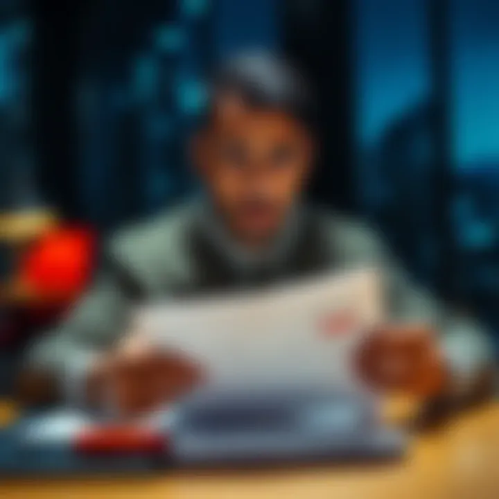 Person looking worried while holding a bank application A concerned individual sits at a table with a bank application and rejection letter, showing frustration with their bank account situation.