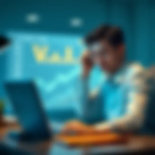 A frustrated business person at a desk with a laptop displaying banking alerts after crypto transactions