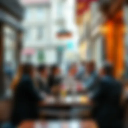 A group of people having a conversation about their banking issues at a cafe in Europe