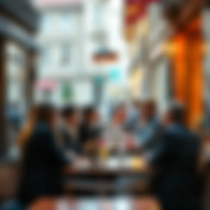 A group of people having a conversation about their banking issues at a cafe in Europe