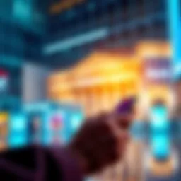 A modern digital banking scene showing a person using a smartphone with financial apps while traditional banks are displayed in the background