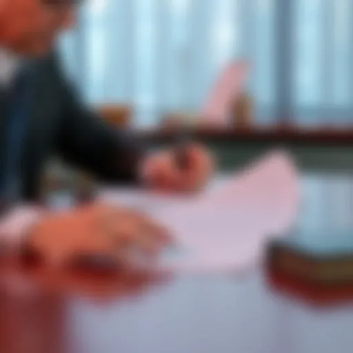 Bankruptcy Claim Petition Submission A person filing a claim determination petition at a desk with documents, representing the process of submitting claims in bankruptcy cases.