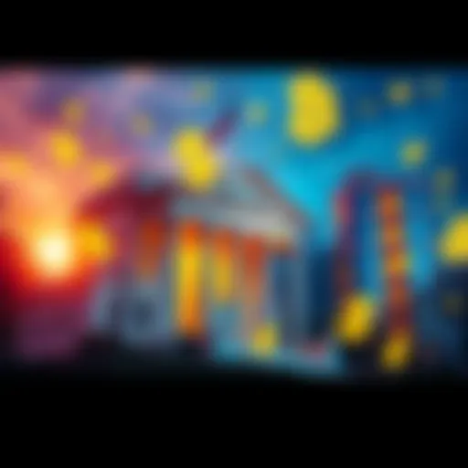 A graphic showing traditional bank buildings merging with digital currency symbols, representing the union of finance and cryptocurrency.