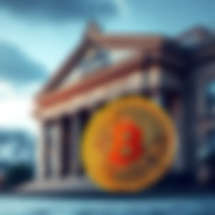 Banks Embracing Cryptocurrency A bank building with a digital currency symbol in the foreground, representing the integration of crypto into traditional banking services.