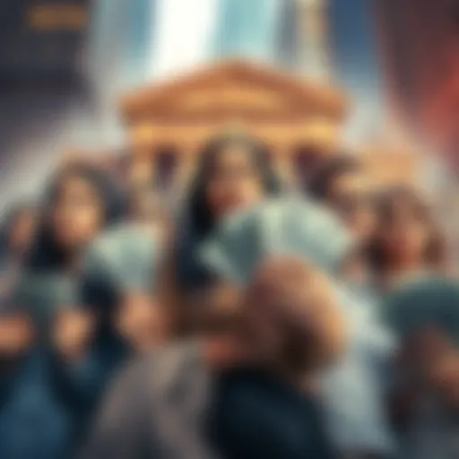 A group of people looking concerned while holding money, with bank buildings in the background to symbolize major banks' influence.