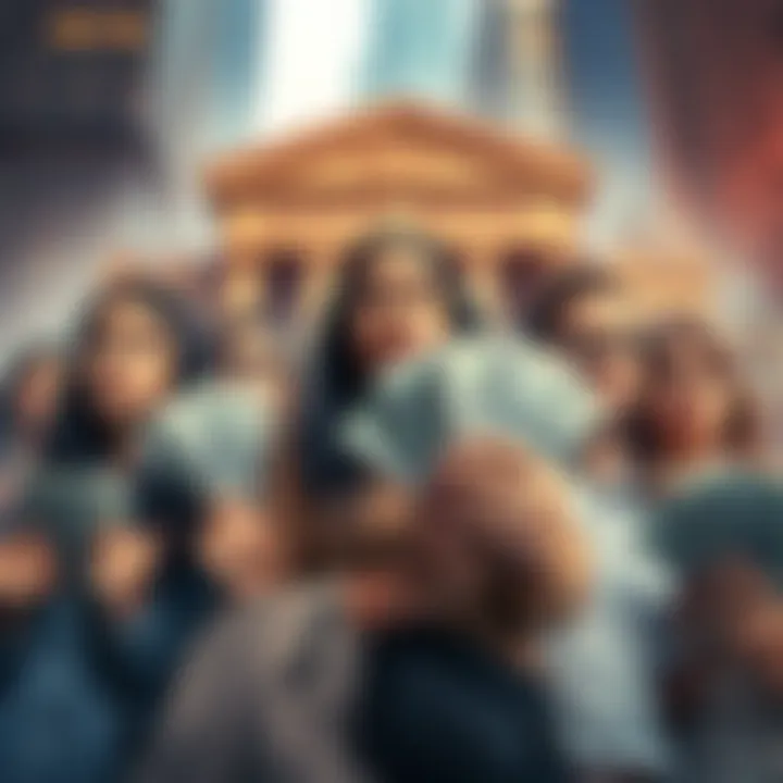 A group of people looking concerned while holding money, with bank buildings in the background to symbolize major banks' influence.