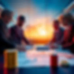 Representatives from banks and crypto firms discussing over a table with financial documents and charts, symbolizing the CLARITY Act yield deal.