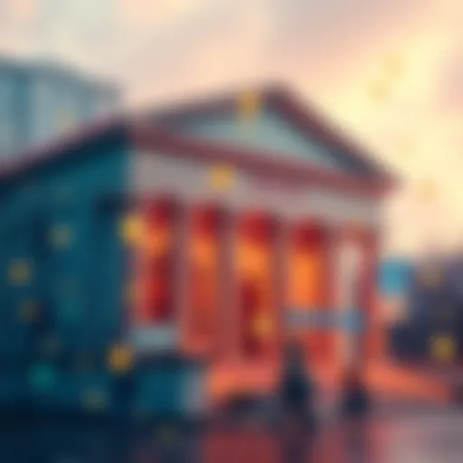 A visual representation of a bank building with digital currency symbols around it, indicating the launch of new digital dollars by banks.