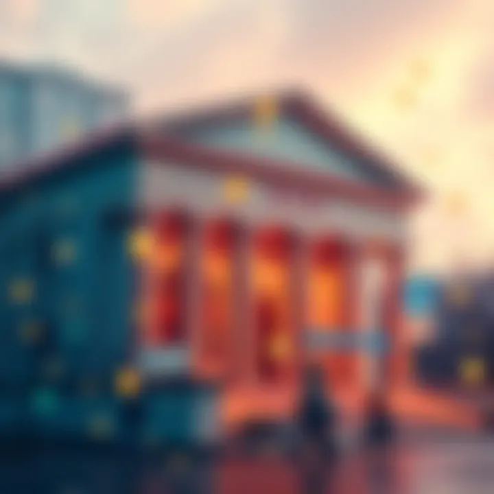 A visual representation of a bank building with digital currency symbols around it, indicating the launch of new digital dollars by banks.