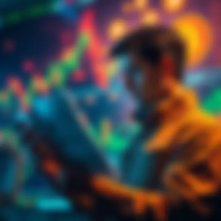 A person analyzing their bank statement with financial charts and Bitcoin symbols in the background