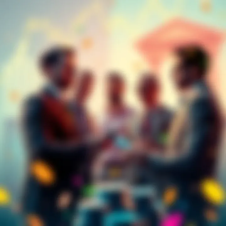 A group of bank representatives discussing tokenized deposits with digital currency graphics in the background