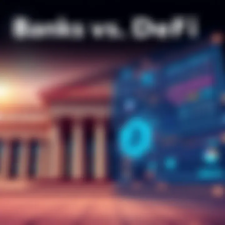 A visual contrast between traditional banks and decentralized finance platforms, showing a bank building on one side and a digital interface representing DeFi on the other side, highlighting the differences in trust and transparency.