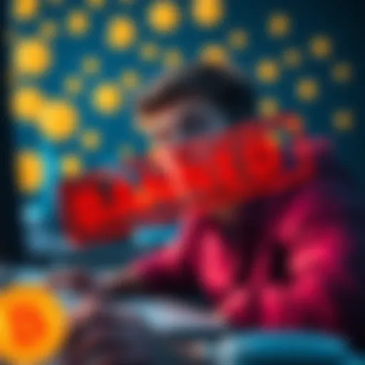 A person looking frustrated while using a computer with Bitcoin symbols in the background