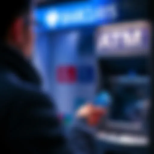 A person using a Barclays credit card at an international ATM, looking at the screen for fees.