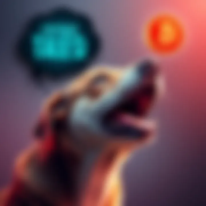 A dog barking with a thought bubble showing cryptocurrency symbols, illustrating quirky crypto investments.