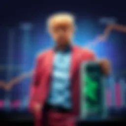 Barron Trump stands confidently beside a chart showing rising cryptocurrency values and a can of his energy drink, symbolizing his financial success at 20 years old.