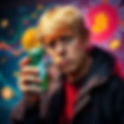 Barron Trump holding a can of energy drink and showcasing cryptocurrency graphics in the background