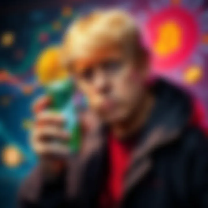 Barron Trump holding a can of energy drink and showcasing cryptocurrency graphics in the background