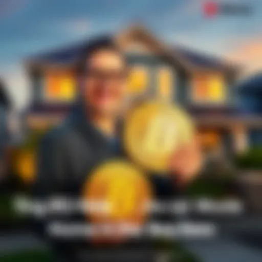 A happy homeowner holding a Bitcoin symbol in front of their new Bay Area home.