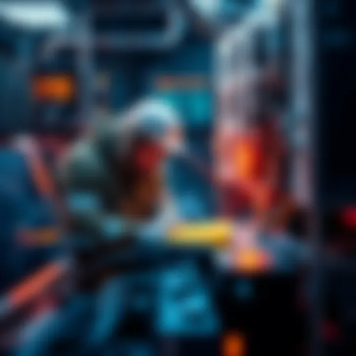 A miner working on Bitcoin Cash mining equipment with digital graphics representing blockchain technology in the background.