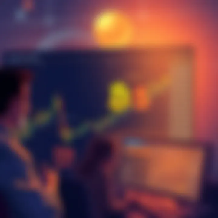 A graphic showing Bcoin's price chart with an upward trend to 55k, alongside excited traders looking at screens.