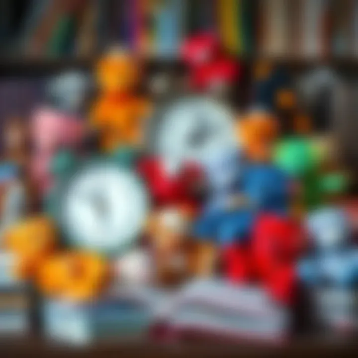 A collection of colorful Beanie Babies surrounded by books and a clock representing time and knowledge
