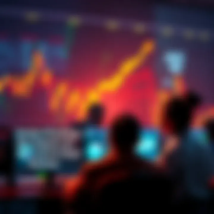 A stock chart showing a downward trend with worried investors looking at screens