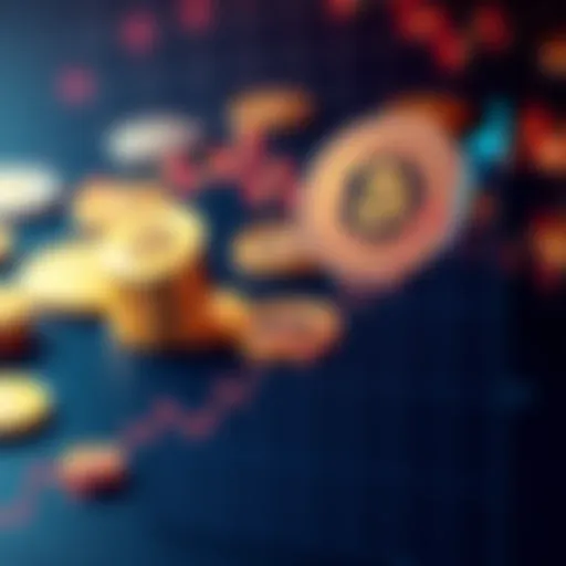 A graph showing a downward trend in cryptocurrency prices with coins in the background, illustrating the concept of bear markets and potential wealth building.