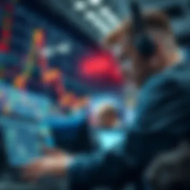 A stock market chart depicting a downward trend with worried traders analyzing data.