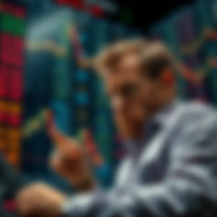 A worried investor looking at a stock chart with a downward trend, symbolizing a bear market. The background shows stock market tickers falling.