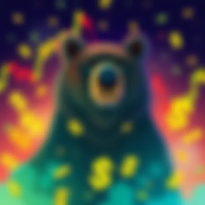 A bear representing a market trend, looking cautious while surrounded by dollar signs and charts, emphasizing the need for patience.