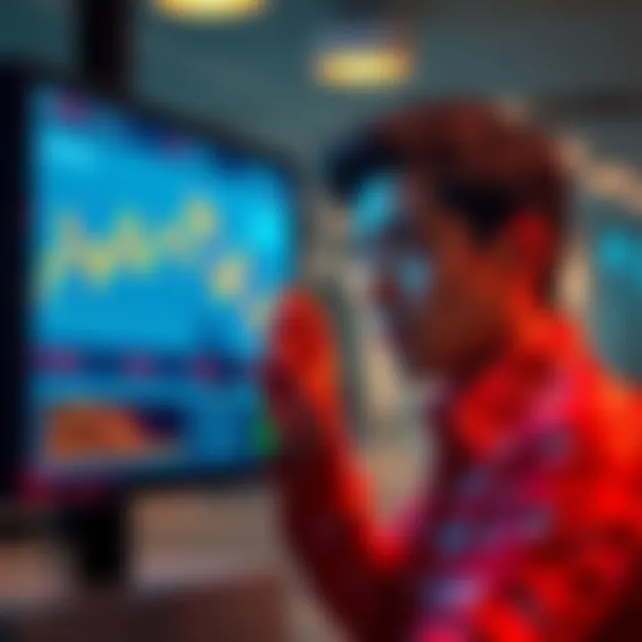 A person looking worried while checking stock prices on a digital screen showing a downward trend