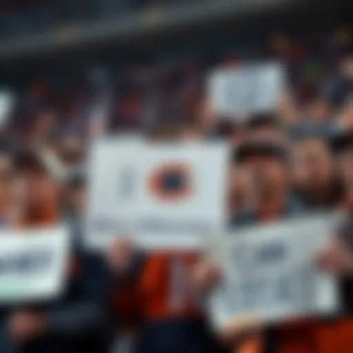 Bears fans look worried after recent loss Group of Bears fans with concerned expressions, holding signs that express disappointment after the team's recent defeat