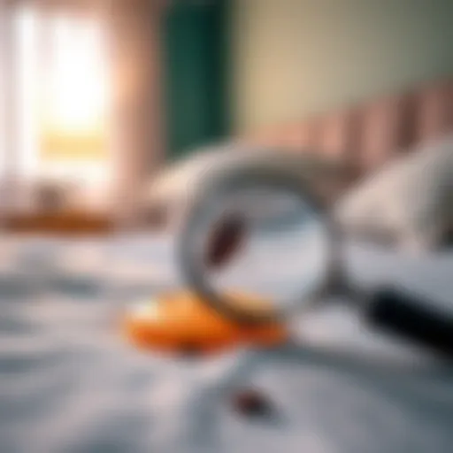 Close-up of a bed with bed bug traps and a magnifying glass observing for signs of pests.