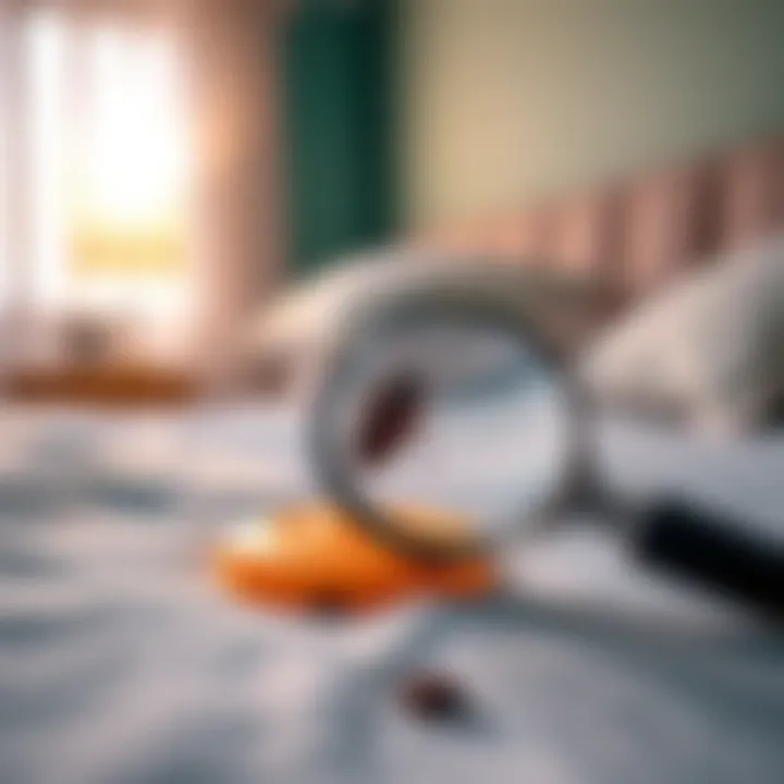 Close-up of a bed with bed bug traps and a magnifying glass observing for signs of pests.