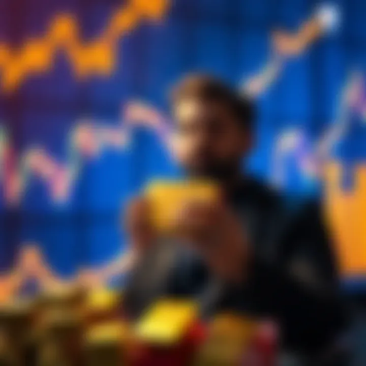 A person holding gold bars with a chart showing upward trends in the background