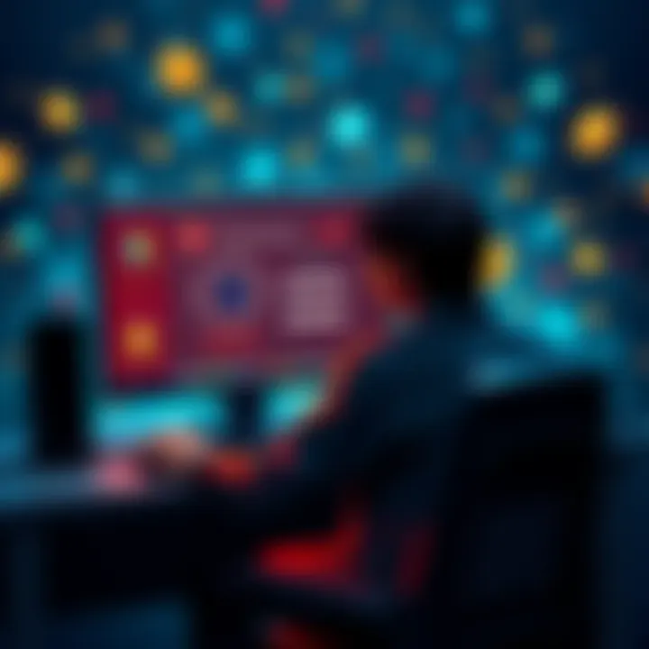 A person sitting at a computer with mining software for Cardano open, surrounded by graphics of coins and crypto symbols, representing the start of their mining journey.