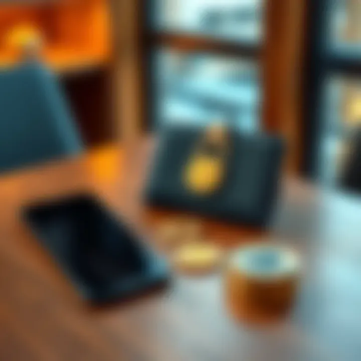 Beginner Cold Wallet for Bitcoin A beginner cold wallet for Bitcoin, featuring a sleek design with a secure connection, sitting on a wooden table next to a smartphone and Bitcoin coins.