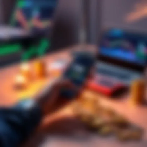 Beginner Crypto Investment A person holding a smartphone displaying cryptocurrency charts and coins on a table with a budget of $300.