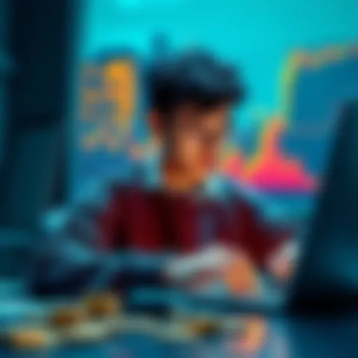 A young student studying crypto on a laptop with charts and digital coins around them