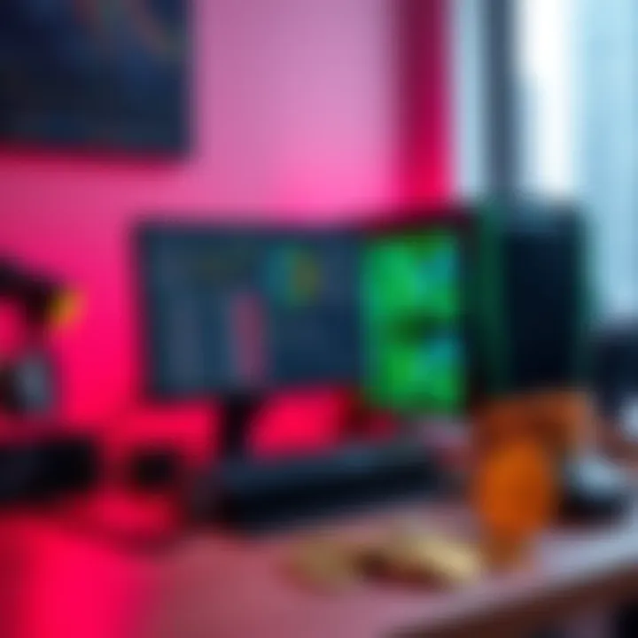 A simple setup showing a computer with mining software, a graphics card, and cryptocurrency coins on a desk. Ideal for beginners in crypto mining.