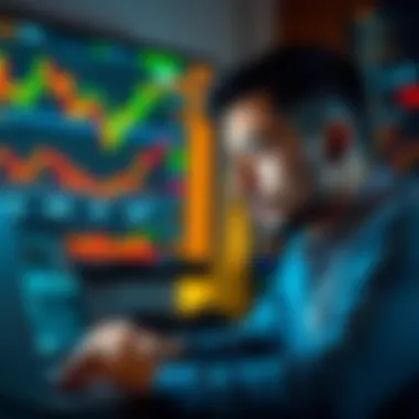 Man looking at cryptocurrency charts A beginner trader studying crypto charts on a laptop, showing a focused expression as he learns about trading strategies