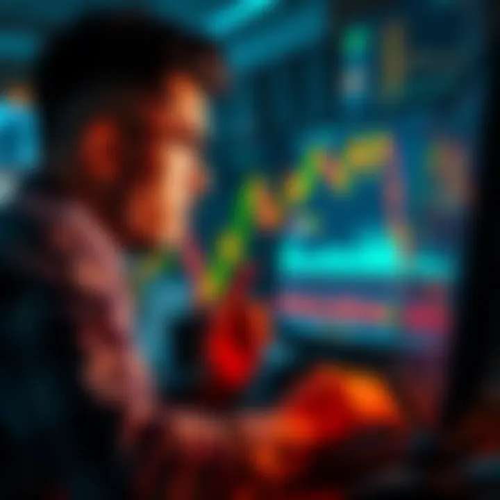A worried trader looking at fluctuating crypto charts on a computer screen, reflecting panic selling and FOMO