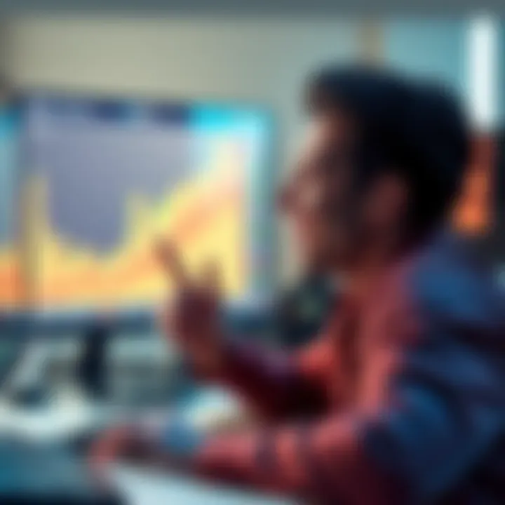 A beginner excitedly looking at a computer screen showing XRP cryptocurrency prices and charts, symbolizing their investment journey.