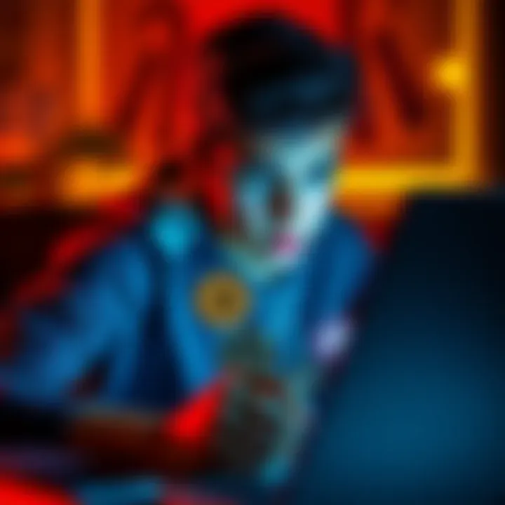A young person examines various cryptocurrency wallets including icons for Solana, Bitcoin, Floki, Cardano, and XRP on a laptop.