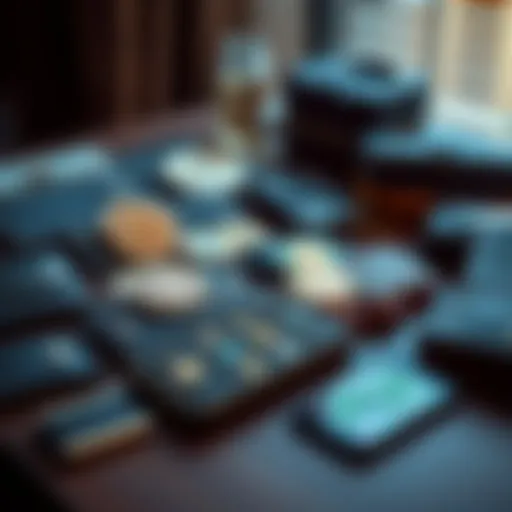 A collection of various crypto wallets displayed on a table with a phone showing cryptocurrency applications