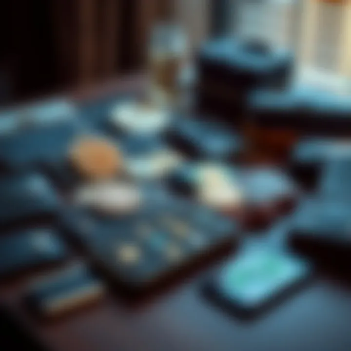 Beginner's Crypto Wallets A collection of various crypto wallets displayed on a table with a phone showing cryptocurrency applications