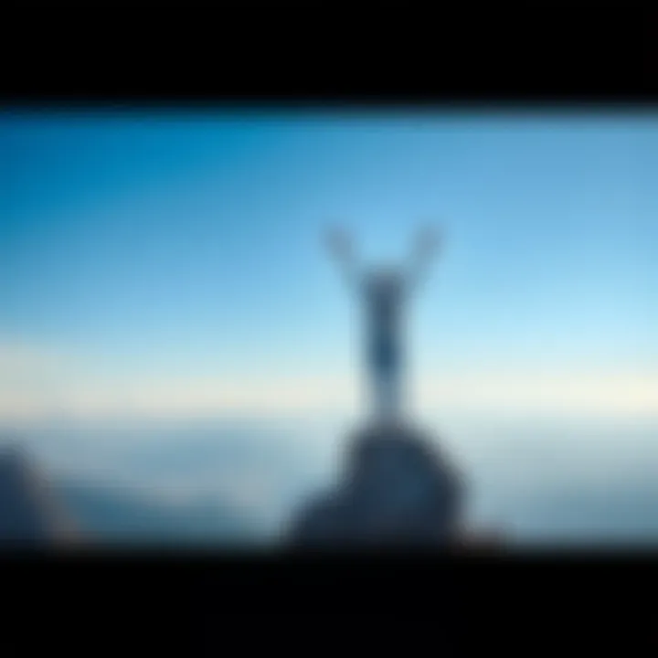 A person standing on a mountain peak with arms raised, symbolizing triumph and the power of belief. The sky is bright and clear, representing hope.