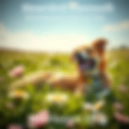 Beloved Dog in a Peaceful Setting A cherished dog lying in a sunny field surrounded by flowers, symbolizing joy and love.