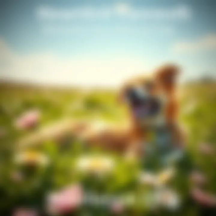 Beloved Dog in a Peaceful Setting A cherished dog lying in a sunny field surrounded by flowers, symbolizing joy and love.